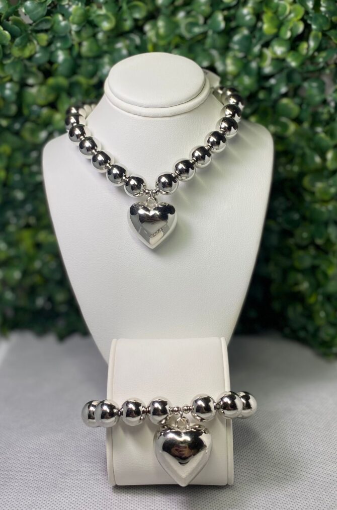 Aesthetic: Set plateado de collar y pulsera con dije de corazón Z14