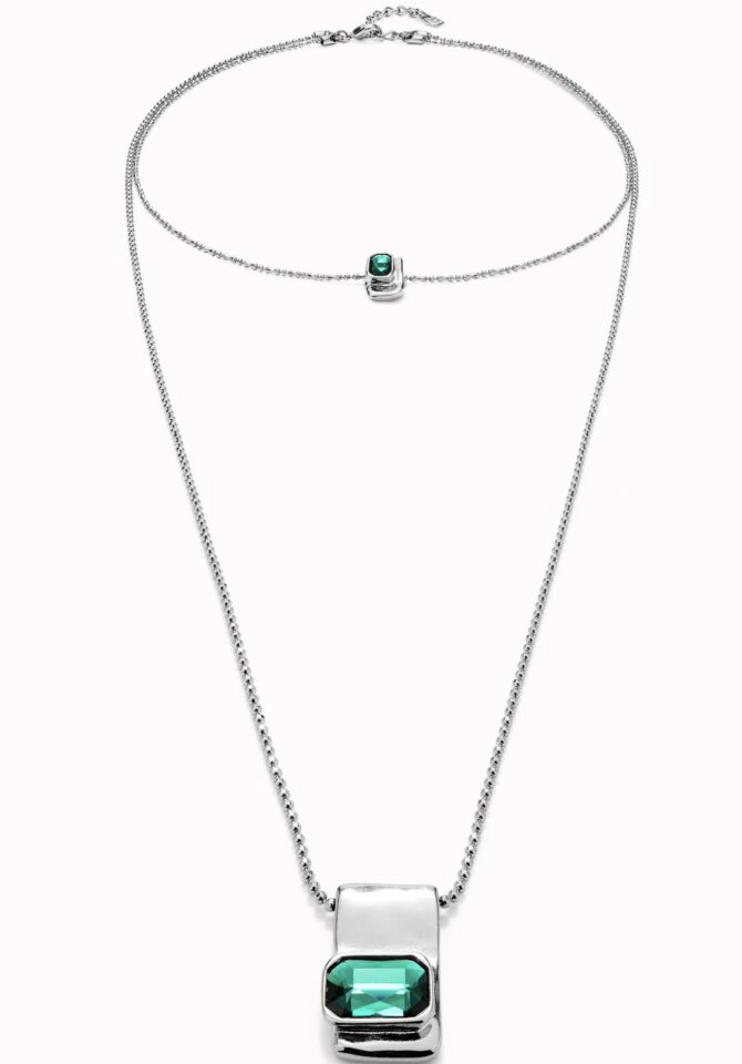 UNO DE 50: Multi strand chain necklace with green crystals