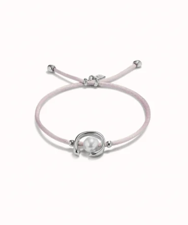 Pulsera de hilo lila con perla shell fornitura bañada en plata de ley.